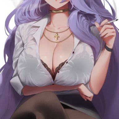 fire emblem, fire emblem fates, nintendo, camilla (fire emblem), yohu08, 1girls, alternate costume, arm under breasts, black skirt, black wristband, bra, bra visible through clothes, breasts, business suit, choker