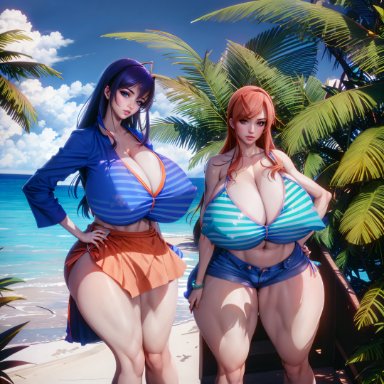 one piece, nami, nami (one piece), nico robin, stable diffusion, thicknesslord, 2girls, abs, alternate breast size, alternate hairstyle, big breasts, breasts bigger than head, cleavage, female, female only