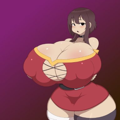 megumin, ber00, 1girls, big breasts, breast expansion, breasts, brown hair, busty, cleavage, clothed, clothes, clothing, female, female only, hips