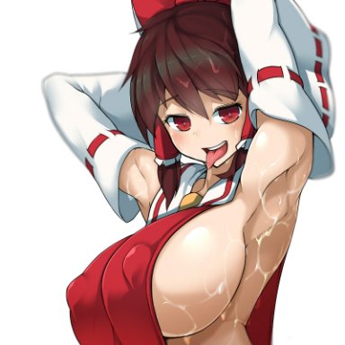 touhou, hakurei reimu, reimu hakurei, sinensian, 1girls, armpits, arms behind head, big breasts, blush, breasts, busty, cleavage, covered erect nipples, female, female focus