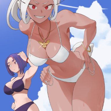 my hero academia, kaina tsutsumi, lady nagant, miruko, rumi usagiyama, ko koyap, 2girls, :/, :d, alternate hairstyle, animal ears, armpits, bare shoulders, bikini, bird