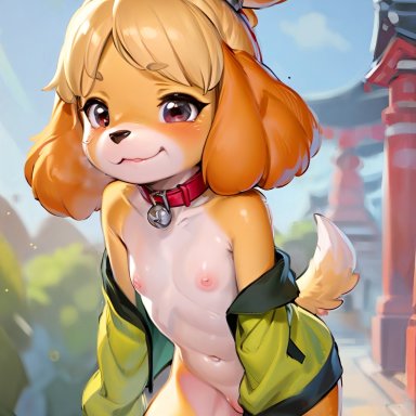 4chan, animal crossing, nintendo, isabelle (animal crossing), anonymous artist, stable diffusion, anthro, barely visible genitalia, barely visible pussy, breasts, canid, canine, collar, dog collar, domestic dog