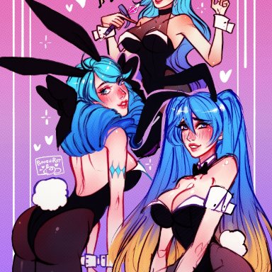 league of legends, riot games, gwen (league of legends), seraphine (league of legends), sona buvelle, poposhirat, 3girls, ass, ass focus, big breasts, black collar, blue eyes, blue hair, blush, bowtie