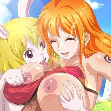 one piece, carrot (one piece), nami, kuroko, 2girls, big breasts, blonde hair, breasts, brown eyes, bunny humanoid, ejaculation, ejaculation between breasts, facial ejaculation, female, female focus