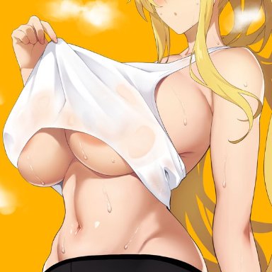 fate/grand order, fate (series), artoria pendragon, artoria pendragon (lancer), artist request, 1girls, blonde hair, blush, breasts, female, green eyes, hips, huge breasts, light-skinned female, light skin