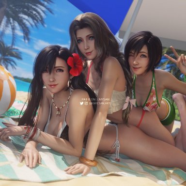 final fantasy, final fantasy vii, final fantasy vii remake, square enix, aerith gainsborough, tifa lockhart, yuffie kisaragi, emy-san, 3girls, beach, bikini, female, female only, floral print, laying down