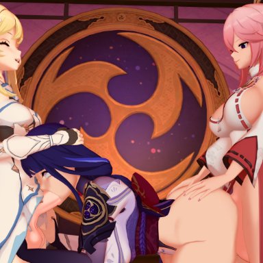 genshin impact, lumine (genshin impact), raiden shogun, yae miko, futaflux, 1girls, 2futas, female, futa on female, futanari, spitroast, 3d