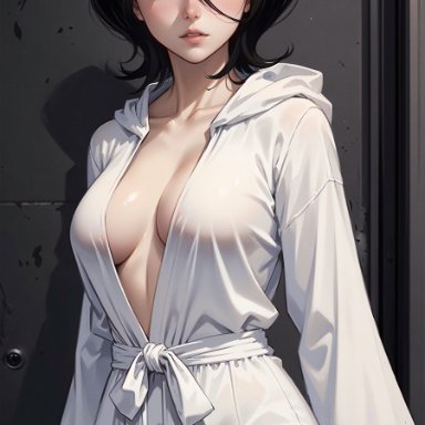 bleach, kuchiki rukia, black hair, cleavage, medium breasts, nightgown, petite, purple eyes, short hair, white clothing, ai generated, detailed, highres