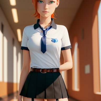 ben 10, gwen tennyson, pin3d, stable diffusion, 1girls, female, female only, garter belt, garter straps, ginger hair, green eyes, miniskirt, red hair, redhead, school uniform