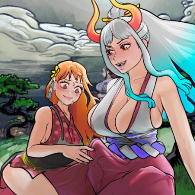 one piece, nami (one piece), yamato (one piece), x e11e, 1futa, 1girls, big breasts, blue hair, blush, breasts, cleavage, clothed, clothing, detailed background, duo