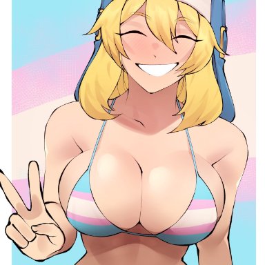 guild wars, guilty gear, lgbt pride, bridget, flytrapxx, 1girls, blonde hair, bra, bursting breasts, cleavage, female, female only, grin, large breasts, peace sign