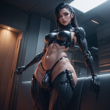 black hair, body modification, bulge, cyberpunk, cyborg, futanari, mechanical penis, robot girl, robotic arm, robotic legs, robotic penis, science fiction, ai generated