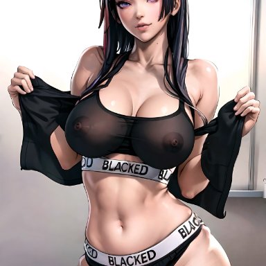 blacked, dead or alive, nyotengu, sadakage, stable diffusion, 1girls, black hair, blacked clothing, blunt bangs, breasts, breasts visible through clothing, collarbone, female, female only, looking at viewer