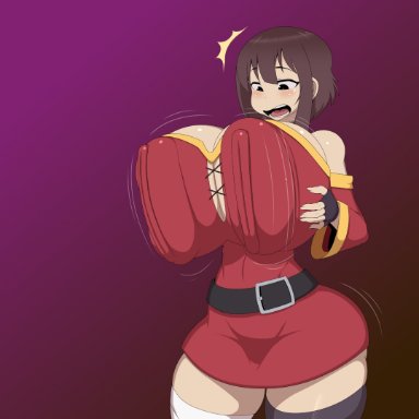 megumin, ber00, 1girls, big breasts, breast expansion, breasts, brown hair, busty, clothing, female, female only, huge breasts, large breasts, massive breasts, red eyes