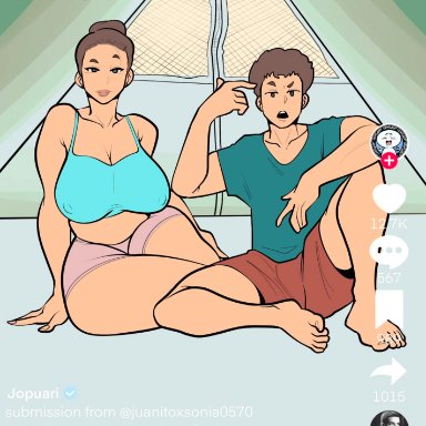 original, original character, original characters, jopuari, 1boy, 1boy1girl, 1girls, age difference, big ass, big breasts, breasts, busty, camping, camping tent, cleavage