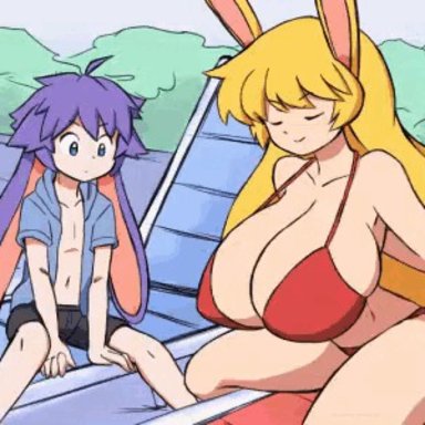 honey (paulgq), pocket (paulgq ), paulgq, beach chair, big breasts, big nipples, bigger female, black pants, black shorts, blue clothing, blue hoodie, breasts, bunny, bunny boy, bunny ears