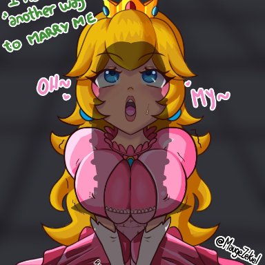 mario (series), nintendo, bowser, princess peach, maugezekiel, 1girls, big breasts, blonde hair, blue eyes, breast squeeze, breasts, busty, clothed, clothing, dress