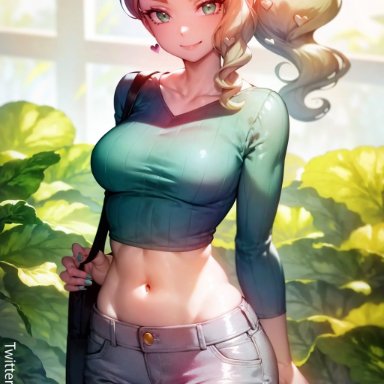 game freak, nintendo, pokemon, pokemon ss, sonia (pokemon), osyasenpai, stable diffusion, 1girls, breasts, exposed belly, female, female only, green eyes, jeans, long hair