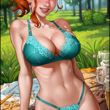 stardew valley, robin (stardew valley), aroma sensei, 1girls, big breasts, blush, bra, breasts, earrings, female, female focus, female only, freckles, freckles on breasts, freckles on face