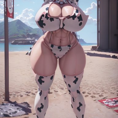 chainsaw man, makima (chainsaw man), stable diffusion, thicknesslord, 1girls, abs, big breasts, bikini, bimbo, bimbo lips, cleavage, cow horns, cow print, cow print bikini, curvy