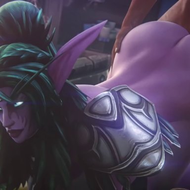 world of warcraft, night elf, tyrande whisperwind, audiodude, fpsblyck, 1boy, 1girls, all fours, ass, big ass, big breasts, blue eyes, bouncing breasts, breasts, cheating
