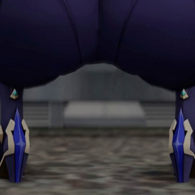 genshin impact, yelan (genshin impact), kishi, ass, ass focus, ass shake, bare shoulders, big ass, big butt, blue hair, bodysuit, bubble butt, female, from behind, gloves
