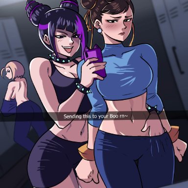 capcom, snapchat, street fighter, street fighter 6, cammy white, chun-li, juri han, tinafate1, 3girls, ass, black hair, blonde hair, bracelet, breasts, brown eyes