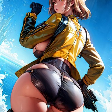 goddess of victory: nikke, anis (nikke), ahoge, ass, ass focus, blush, breasts, brown eyes, brown hair, female, from behind, from below, gloves, gun, hairclip