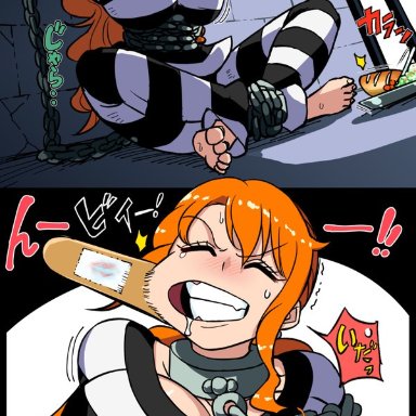 one piece, nami, rebake-1453, bandaid, big breasts, bondage, chains, collar, drooling, gag, prison uniform, prisoner, sweat