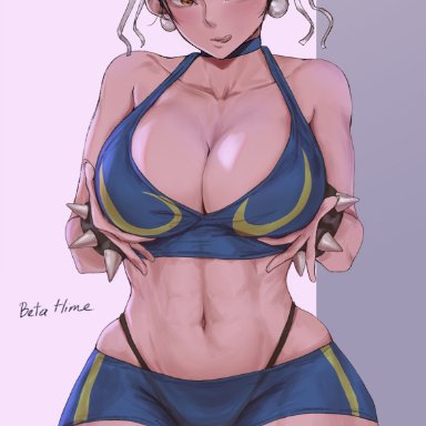 capcom, street fighter, chun-li, betahimeko, 1girls, armwear, big breasts, black thong, breasts, brown hair, cleavage, double bun, ear piercing, earrings, female