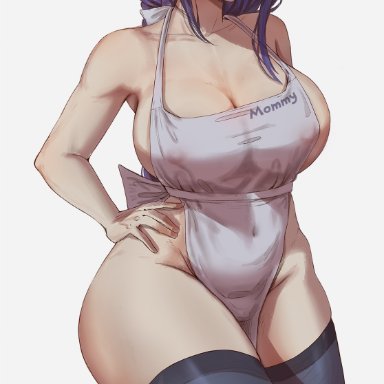 genshin impact, raiden shogun, betahimeko, 1girls, alternate ass size, alternate body type, alternate breast size, apron, apron only, big breasts, black thighhighs, blush, breasts, cleavage, deep cleavage