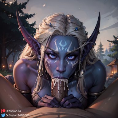 blizzard entertainment, warcraft, world of warcraft, nightborne, stable diffusion, 1boy, 1boy1girl, 1girls, :&gt;=, athletic female, bare shoulders, big penis, blowjob, blowjob face, blue eyes