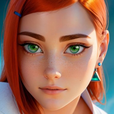 ben 10, gwen tennyson, pin3d, stable diffusion, eye contact, female, female only, green eyes, red hair, ai generated, tagme