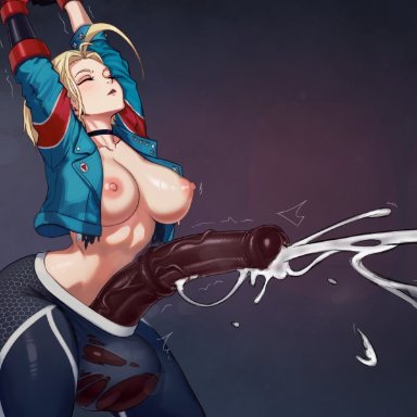street fighter, street fighter 6, cammy white, glooz, 1futa, animal genitalia, arched back, areolae, balls, big breasts, blonde, blonde hair, breasts, breasts out, child bearing hips