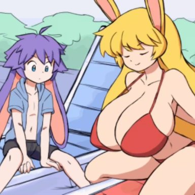 honey (paulgq), pocket (paulgq ), paulgq, beach chair, big breasts, big nipples, bigger female, black pants, black shorts, blue clothing, blue hoodie, boobs, bunny, bunny boy, bunny ears