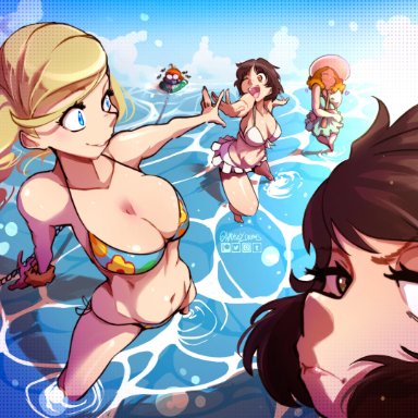 persona, persona 5, ann takamaki, haru okumura, makoto niijima, sadayo kawakami, sakura futaba, haysey draws, 5girls, axe, beach, bikini, bikini skirt, blonde hair, blue bikini