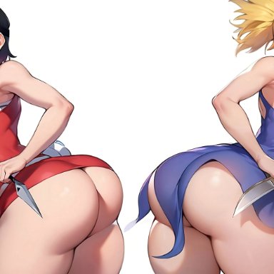 boruto: naruto next generations, dr.stone, naruto, naruto (series), kohaku (dr.stone), sarada uchiha, cucarachaaa, 2girls, aged up, alternate breast size, ass, black hair, blonde hair, breasts, bubble butt