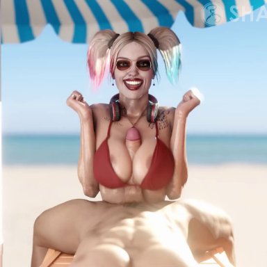 batman (series), dc, dc comics, injustice 2, harley quinn, audiodude, shadylewds, 1boy, 1boy1girl, 1girl1boy, 1girls, abs, areola slip, aviator sunglasses, bare shoulders