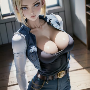 dragon ball, dragon ball super, dragon ball z, android 18, stable diffusion, 1girls, blonde hair, curvy body, curvy female, curvy figure, female focus, female only, huge breasts, mature female, short hair