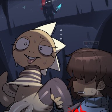 undertale, undertale (series), frisk, monster kid, undyne, star rifle, 1boy, 1futa, ahe gao, anal, caught, covered breasts, cum, cum in ass, cum inside