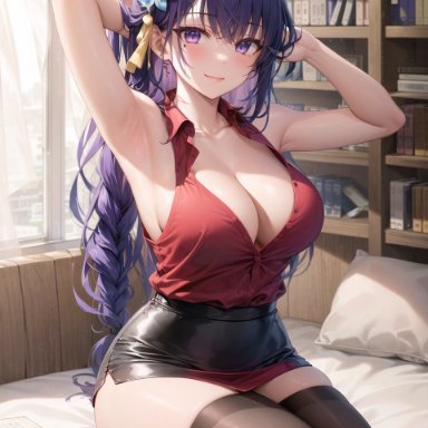 genshin impact, raiden shogun, stable diffusion, 1girls, blush, breasts, clothed, clothed female, female, large breasts, long hair, office lady, purple eyes, purple hair, short skirt