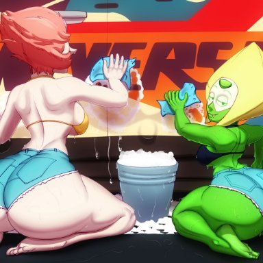 cartoon network, steven universe, pearl (steven universe), peridot (steven universe), n-kosi, n-kosi (coloring), alien, alien humanoid, black bra, blue shorts, booty shorts, breasts, car wash, full body, green body