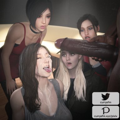 resident evil, ada wong, claire redfield, mia winters, rosemary winters, currysfm, 1boy, 4girls, big penis, cum, cum on breasts, cum on face, dark-skinned male, dark skin, female