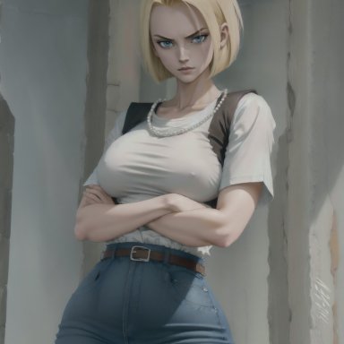 dragon ball, dragon ball z, android 18, skizzen, stable diffusion, arms crossed, black vest, blonde hair, bob cut, breasts, defiant, denim jeans, jeans, nipple bulge, white shirt