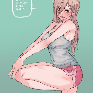 chainsaw man, power (chainsaw man), ratatatat74, 1girls, barefoot, big breasts, blush, cleavage, crouching, full body, hand on knee, horn, long hair, looking at another, nervous