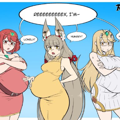 nintendo, xenoblade (series), xenoblade chronicles 2, mythra, nia, pyra, tsukiji, 3girls, big belly, blonde hair, blush, cat ears, clothed, female, female only