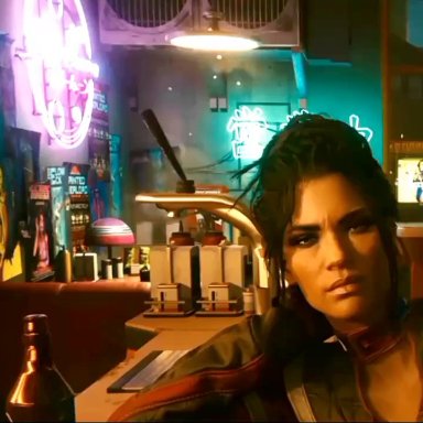 cyberpunk 2077, panam palmer, v (cyberpunk 2077), rescraft, 1boy, 1girls, alcohol, bar, bed, beer, bouncing ass, breasts, cowgirl position, cut to sex, excited