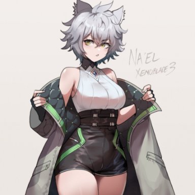 xenoblade (series), xenoblade chronicles 3, na'el (xenoblade), thiccwithaq, animal ears, breasts, cat ears, cat girl, character name, chest jewel, clothing cutout, core crystal, diamond cutout, female, fingerless gloves