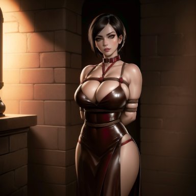 biohazard, capcom, resident evil, ada wong, dominmatrix, bondage, brown hair, brunette, busty, red dress, rope bondage, short hair, tied up, ai generated, digital drawing (artwork)