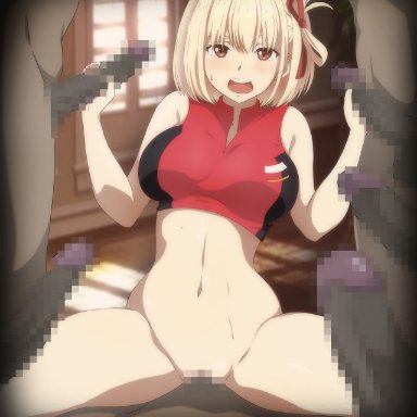 lycoris recoil, nishikigi chisato, pc pc, 1girls, black penis, blonde hair, bottomless, brown eyes, captured, captured heroine, cowgirl position, crop top, cute, dark-skinned male, dark skin